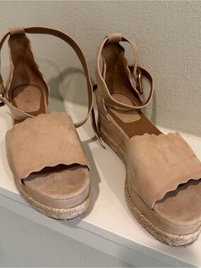Chloe Nude Suede Scalloped Espadrille Wedge Sandals size 37